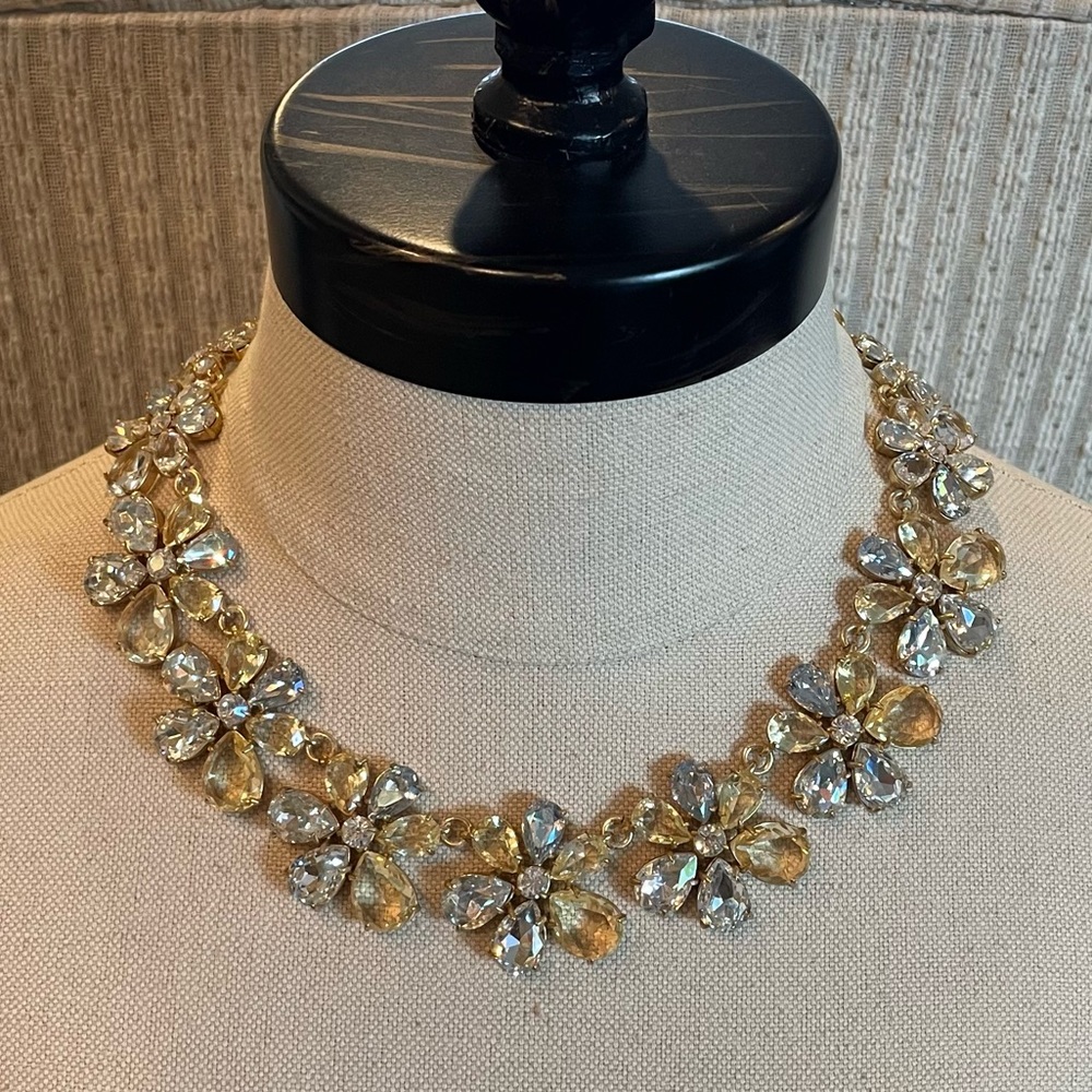 J Crew Crystal Flower Statement Necklace Champagne Clear